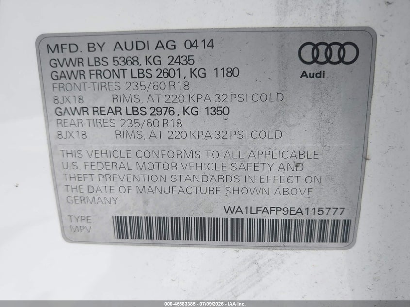 2014 Audi Q5 VIN WA1LFAFP9EA115777 IAAI salvage auction — REAR END, Rebuildable (Florida), sold $525 on 2026-07-29 (photo 9)