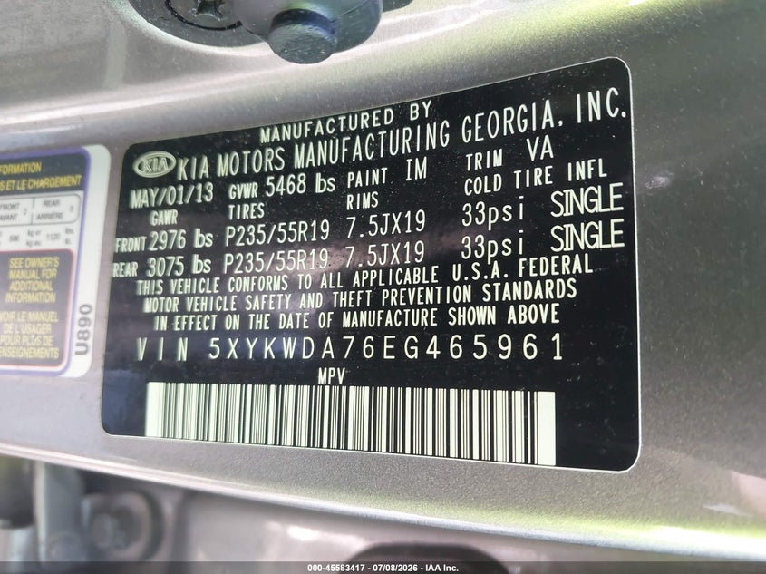2014 Kia Sorento VIN 5XYKWDA76EG465961 IAAI salvage auction — NORMAL WEAR, Clear (New York), sold $1,500 on 2026-07-15 (photo 9)