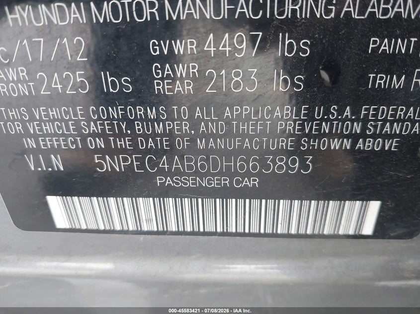2013 Hyundai Sonata VIN 5NPEC4AB6DH663893 IAAI salvage auction — NORMAL WEAR, Clear - Dealer Only (California), sold $250 on 2026-07-29 (photo 9)