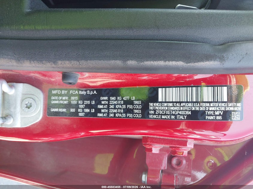 2016 Fiat 500x VIN ZFBCFXET4GP400364 IAAI salvage auction — NORMAL WEAR, Clear-Dealer Only (North Carolina), sold $500 on 2026-07-29 (photo 9)