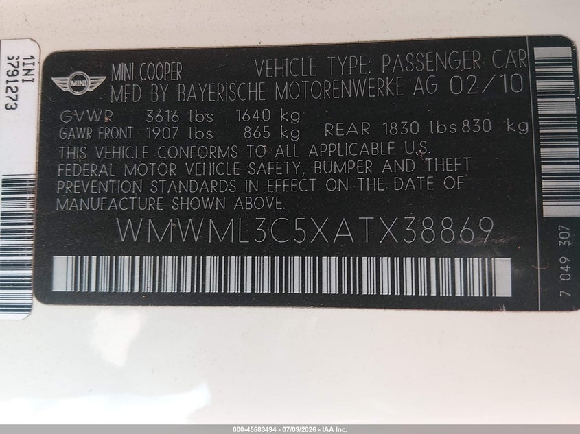 2010 Mini Cooper clubman VIN WMWML3C5XATX38869 IAAI salvage auction — NORMAL WEAR, Original (Texas), sold $25 on 2026-08-12 (photo 9)