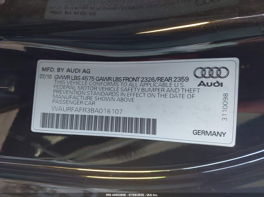 2011 Audi A5 VIN WAURFAFR3BA016107 IAAI salvage auction — REAR END, Salvage (California), sold $25 on 2026-07-30 (photo 9)