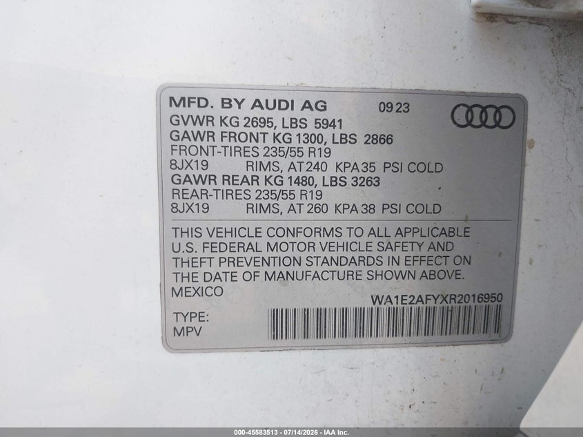 2024 Audi Q5 VIN WA1E2AFYXR2016950 IAAI salvage auction — FRONT END, Salvage (Vermont), sold $9,950 on 2026-08-25 (photo 9)