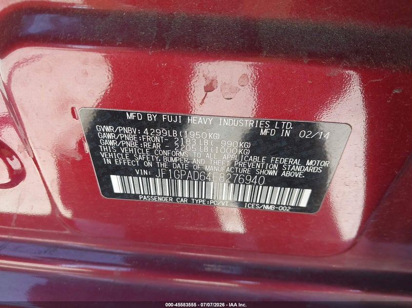 2014 Subaru Impreza VIN JF1GPAD64E8276940 IAAI salvage auction — NORMAL WEAR, Salvage Title, sold $3,800 on 2026-07-16 (photo 9)