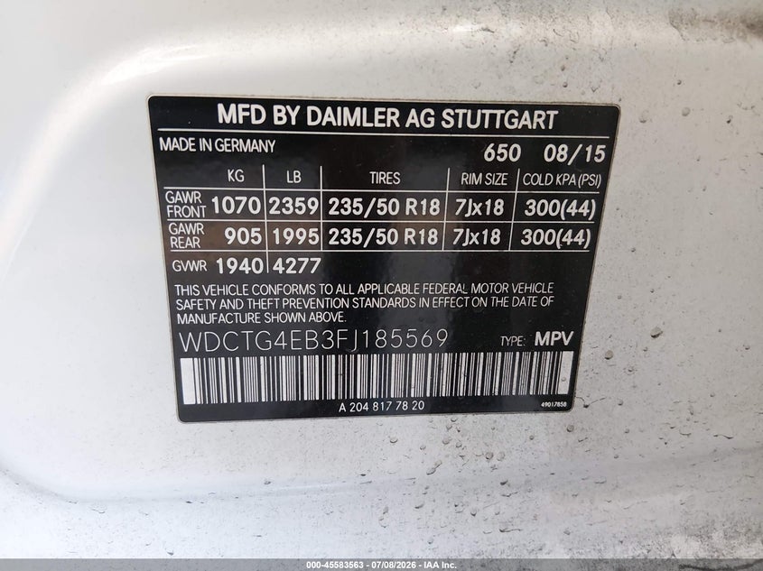 2015 Mercedes-benz Gla-klasse VIN WDCTG4EB3FJ185569 IAAI salvage auction — RIGHT FRONT, Salvage Title, sold $1,650 on 2026-07-29 (photo 9)