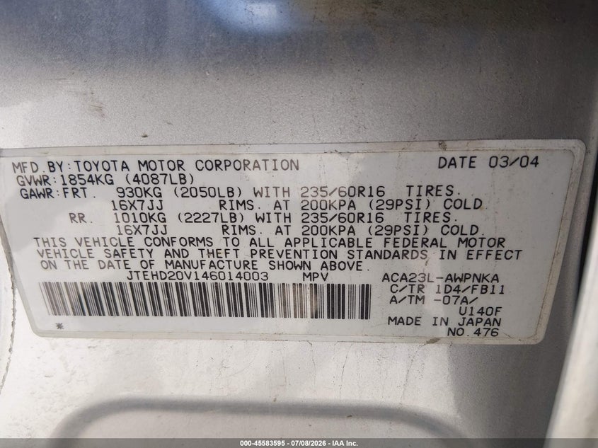 2004 Toyota Rav4 VIN JTEHD20V146014003 IAAI salvage auction — NORMAL WEAR, Clear - Dealer Only (California), sold $825 on 2026-07-31 (photo 9)