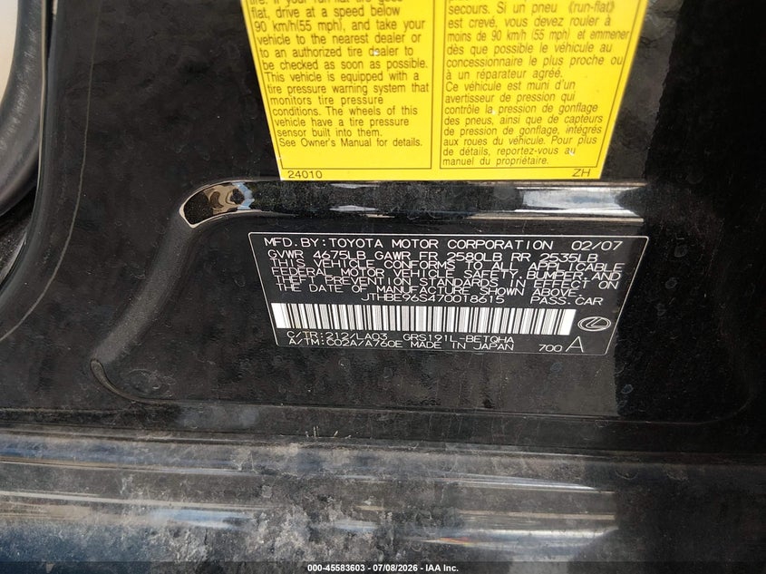 2007 Lexus Gs 350 VIN JTHBE96S470018615 IAAI salvage auction — NORMAL WEAR, Original (Texas), sold $25 on 2026-07-29 (photo 9)