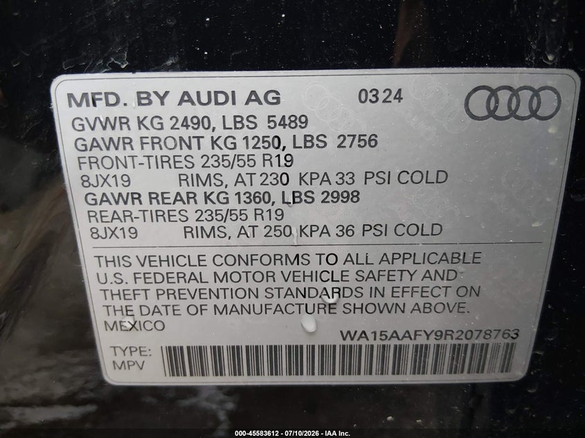 2024 Audi Q5 sportback VIN WA15AAFY9R2078763 IAAI salvage auction — RIGHT SIDE, Salvage (West Virginia), sold $23,775 on 2026-08-27 (photo 9)