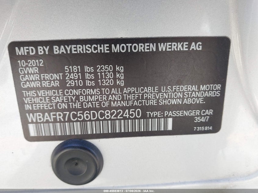 2013 BMW 5er VIN WBAFR7C56DC822450 IAAI salvage auction — FRONT & REAR, Salvage (California), sold $725 on 2026-07-21 (photo 9)