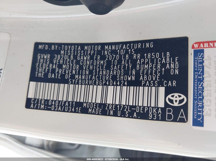 2016 Toyota Corolla VIN 5YFBURHE8GP404424 IAAI salvage auction — SIDE, Rebuildable (Florida), sold $3,300 on 2026-07-31 (photo 9)