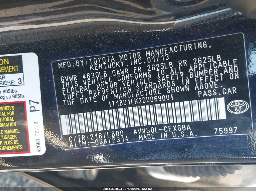 2013 Toyota Camry VIN 4T1BD1FK2DU069004 IAAI salvage auction — RIGHT FRONT, Salvage Title, sold $3,550 on 2026-08-03 (photo 9)