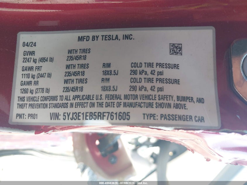 2024 Tesla Model 3 VIN 5YJ3E1EB5RF761605 IAAI salvage auction — REAR END, Salvage (Arkansas), sold $6,800 on 2026-08-02 (photo 9)