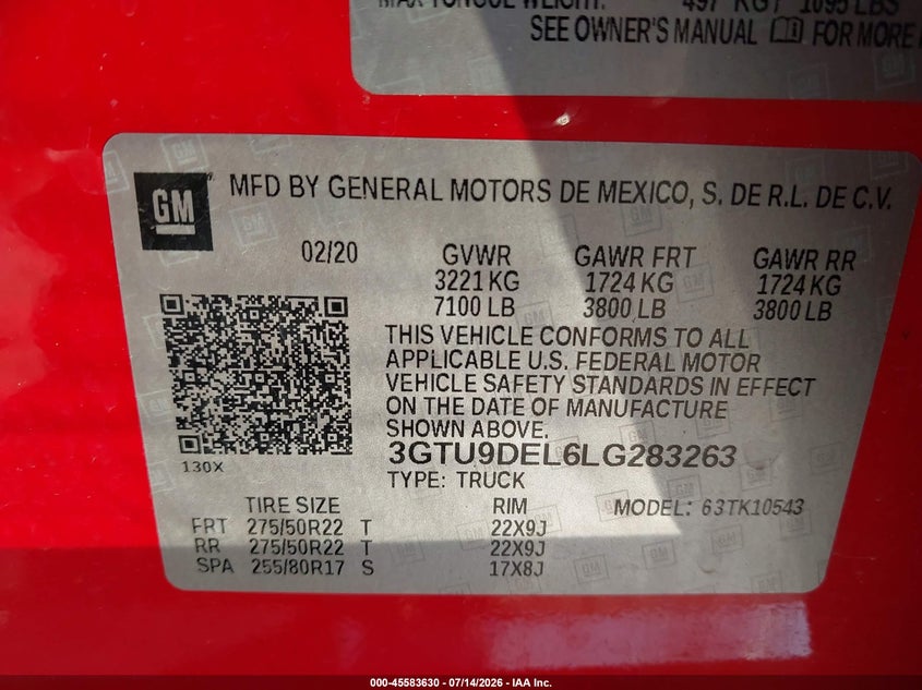 2020 Gmc SIERRA VIN 3GTU9DEL6LG283263 IAAI salvage auction — FRONT END, Salvage (Ohio), sold $15,300 on 2026-07-18 (photo 9)