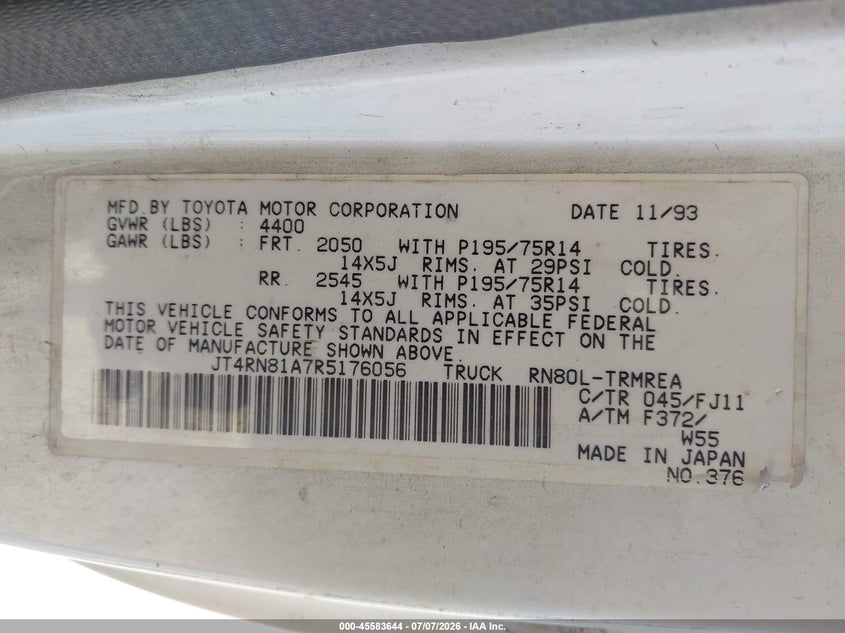 1994 Toyota Pickup VIN JT4RN81A7R5176056 IAAI salvage auction — NORMAL WEAR, Clear - Dealer Only (California), sold $2,300 on 2026-07-21 (photo 9)