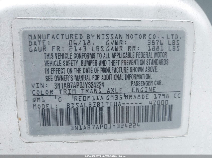 2018 Nissan Sentra VIN 3N1AB7AP0JY324224 IAAI salvage auction — FRONT END, Salvage Title, sold $1,400 on 2026-07-17 (photo 9)
