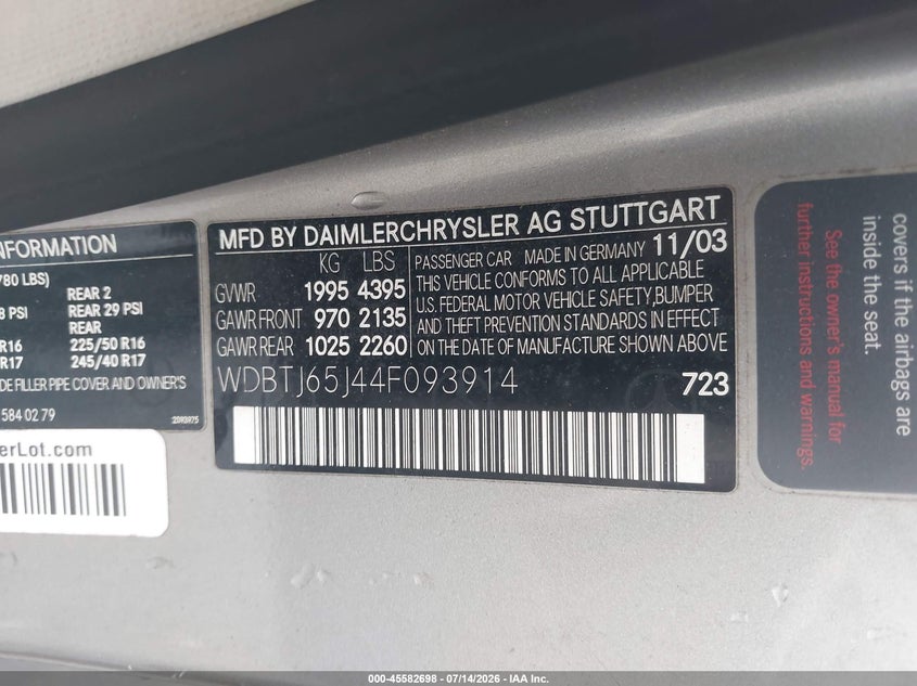 2004 Mercedes-benz Clk-class VIN WDBTJ65J44F093914 IAAI salvage auction — REAR END, Salvage (Georgia), sold $775 on 2026-08-11 (photo 9)
