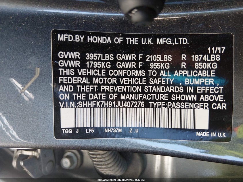 2018 Honda Civic VIN SHHFK7H91JU407276 IAAI salvage auction — FRONT END, Salvage (California), sold $3,050 on 2026-07-29 (photo 9)