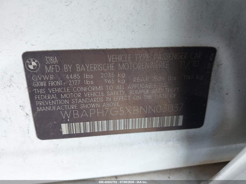 2011 BMW 3 series VIN WBAPH7G5XBNN03037 IAAI salvage auction — NORMAL WEAR, Clear (Florida), sold $500 on 2026-07-28 (photo 9)