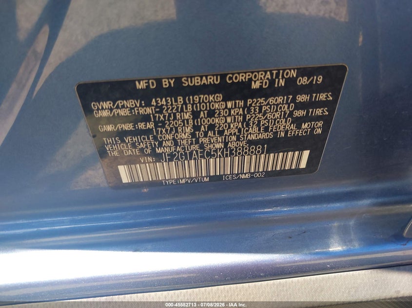 2019 Subaru Xv VIN JF2GTAEC5KH388881 IAAI salvage auction — LEFT SIDE, Salvage Title, sold $125 on 2026-07-28 (photo 9)