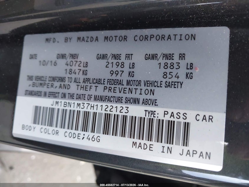 2017 Mazda 3 VIN JM1BN1M37H1122123 IAAI salvage auction — SIDE, Salvage Title, sold $1,250 on 2026-07-24 (photo 9)