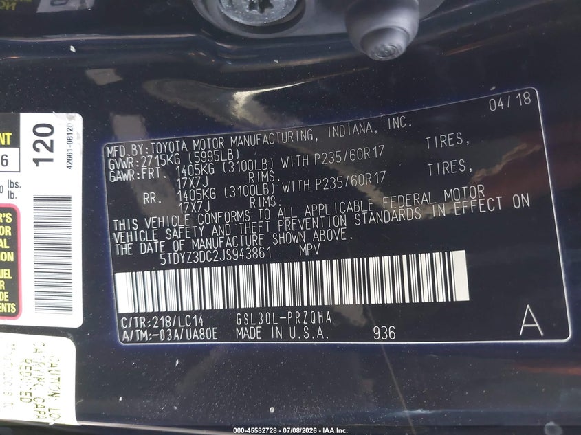 2018 Toyota Sienna VIN 5TDYZ3DC2JS943861 IAAI salvage auction — FRONT END, Clear (Illinois), sold $7,100 on 2026-07-15 (photo 9)