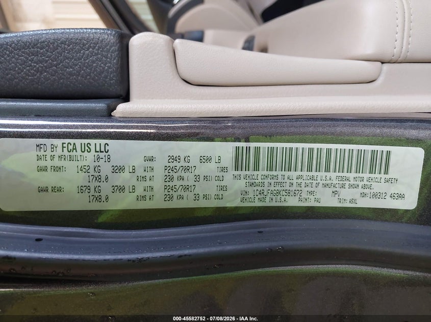 2019 Jeep Grand cherokee VIN 1C4RJFAG8KC581672 IAAI salvage auction — NORMAL WEAR, Sf97 (Michigan), sold $11,100 on 2026-08-11 (photo 9)