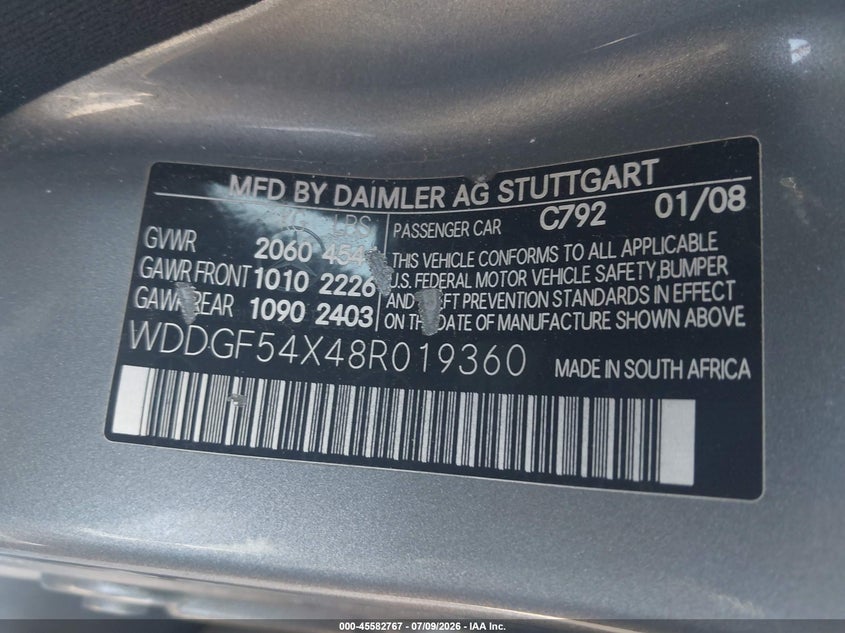 2008 Mercedes-benz C class VIN WDDGF54X48R019360 IAAI salvage auction — FRONT END, Salvage (Georgia), sold $350 on 2026-08-12 (photo 9)