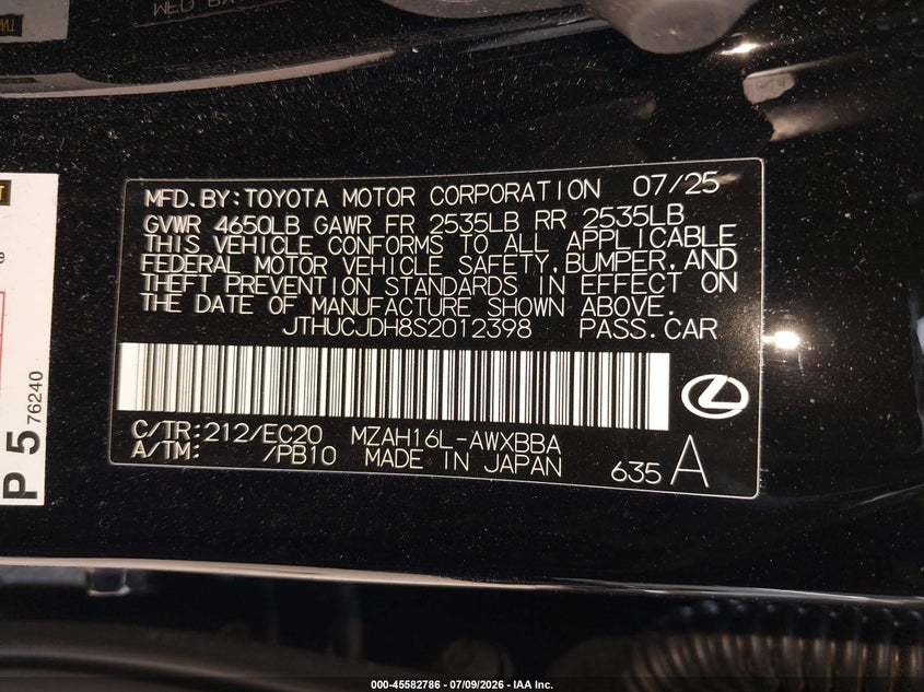 2025 Lexus Ux VIN JTHUCJDH8S2012398 IAAI salvage auction — FRONT & REAR, Mv-907A (New York), sold $12,575 on 2026-09-08 (photo 9)