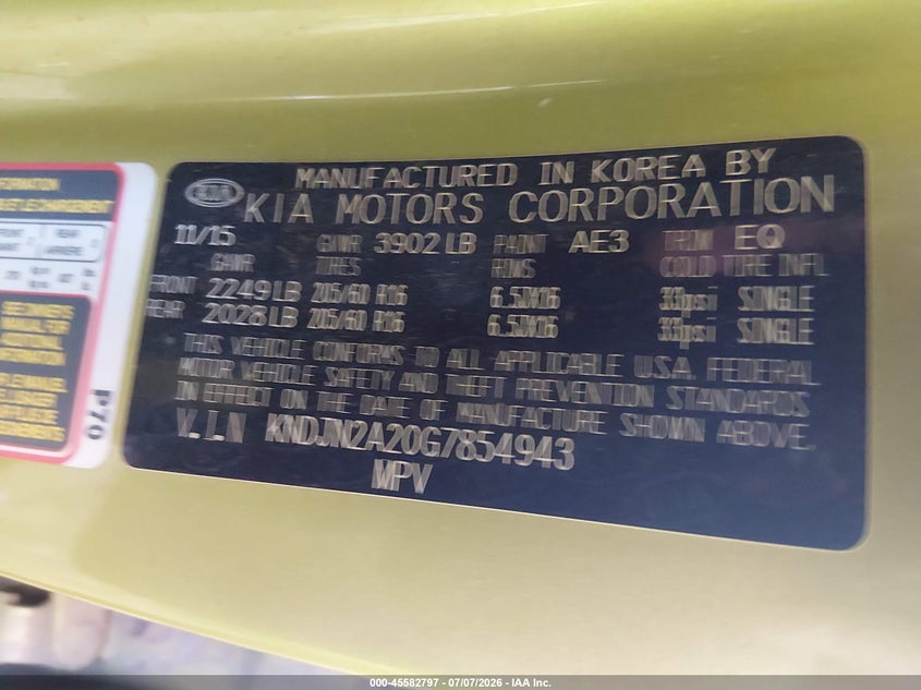 2016 Kia Soul VIN KNDJN2A20G7854943 IAAI salvage auction — NORMAL WEAR, Restored (Arizona), sold $525 on 2026-07-28 (photo 9)