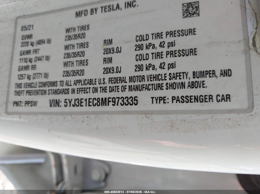 2021 Tesla Model 3 VIN 5YJ3E1EC8MF973335 IAAI salvage auction — RIGHT FRONT, Salvage Title, sold $1,300 on 2026-07-30 (photo 9)