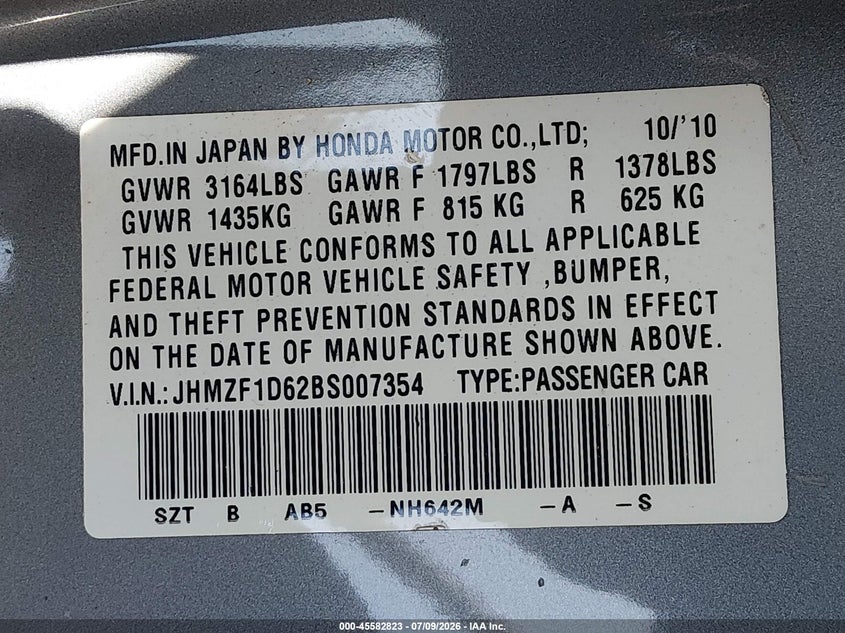 2011 Honda Cr-z VIN JHMZF1D62BS007354 IAAI salvage auction — SIDE, Salvage (California), sold $600 on 2026-07-29 (photo 9)