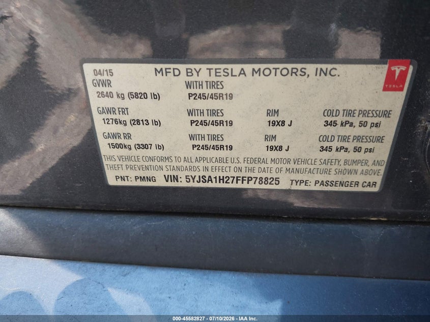 2015 Tesla Model s VIN 5YJSA1H27FFP78825 IAAI salvage auction — NORMAL WEAR, Clear (Virginia), sold $2,350 on 2026-07-30 (photo 9)