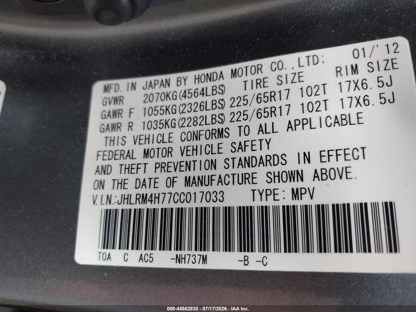 2012 Honda Cr-v VIN JHLRM4H77CC017033 IAAI salvage auction — FRONT END, Salvage Title, sold $1,550 on 2026-07-25 (photo 9)