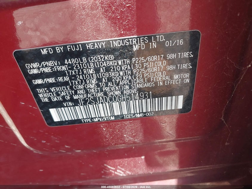 2016 Subaru Forester VIN JF2SJADC0GH514931 IAAI salvage auction — NORMAL WEAR, Clear (Montana), sold $50 on 2026-07-21 (photo 9)