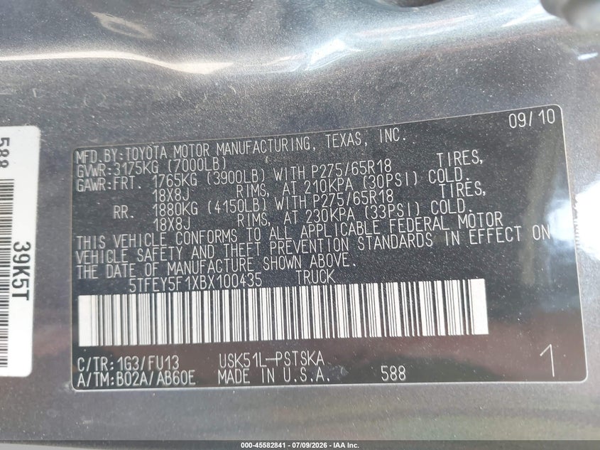2011 Toyota Tundra VIN 5TFEY5F1XBX100435 IAAI salvage auction — NORMAL WEAR, Clear - Dealer Only (California), sold $2,750 on 2026-07-21 (photo 9)