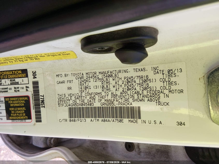 2013 Toyota Tacoma VIN 5TFJU4GN5DX045403 IAAI salvage auction — LEFT FRONT, Salvage (Texas), sold $5,700 on 2026-08-02 (photo 9)