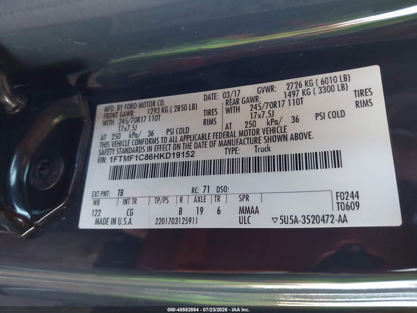 2017 Ford F-150 VIN 1FTMF1C86HKD19152 IAAI salvage auction — LEFT FRONT, Salvage (Arizona), sold $5,900 on 2026-07-28 (photo 9)