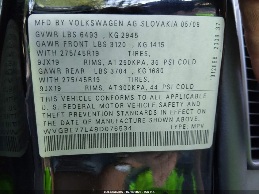 2008 Volkswagen Touareg VIN WVGBE77L48D076534 IAAI salvage auction — RIGHT FRONT, Clear (Virginia), sold $475 on 2026-07-28 (photo 9)