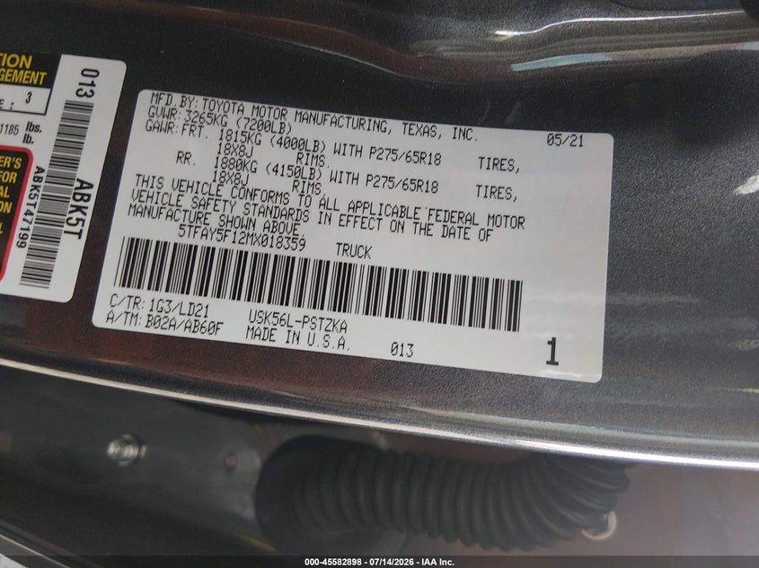 2021 Toyota Tundra VIN 5TFAY5F12MX018359 IAAI salvage auction — FRONT END, Salvage Title, sold $26,750 on 2026-07-30 (photo 9)