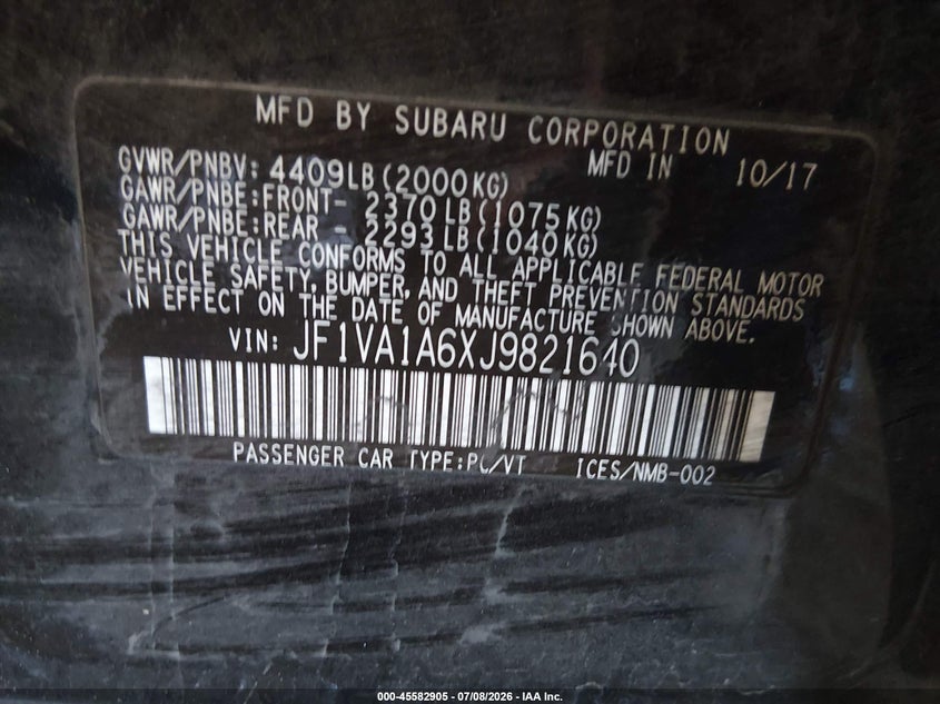 2018 Subaru Wrx VIN JF1VA1A6XJ9821640 IAAI salvage auction — FRONT & REAR, Salvage (Arizona), sold $25 on 2026-07-28 (photo 9)