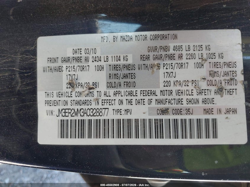 2010 Mazda Cx-7 VIN JM3ER2WM3A0328877 IAAI salvage auction — LEFT FRONT, Clear (California), sold $275 on 2026-07-30 (photo 9)