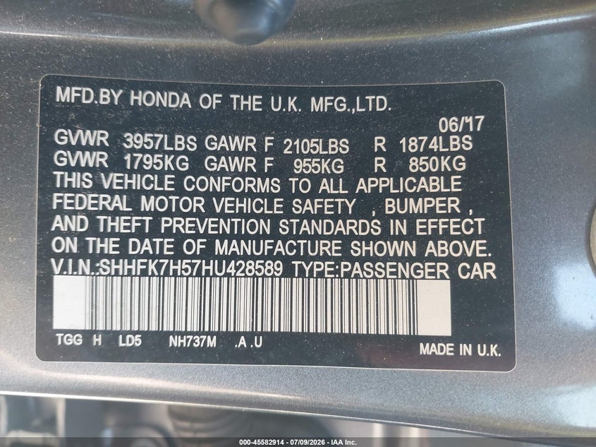 2017 Honda Civic VIN SHHFK7H57HU428589 IAAI salvage auction — REAR END, Mv-907A (New York), sold $1,650 on 2026-07-31 (photo 9)