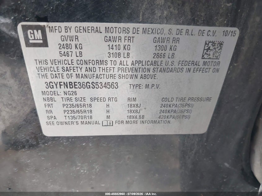 2016 Cadillac Srx VIN 3GYFNBE36GS534563 IAAI salvage auction — FRONT END, Clear (Oklahoma), sold $725 on 2026-08-24 (photo 9)
