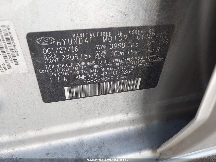 2017 Hyundai Elantra VIN KMHD35LH2HU370860 IAAI salvage auction — NORMAL WEAR, Clear-Dealer Only (Arizona), sold $1,950 on 2026-07-16 (photo 9)