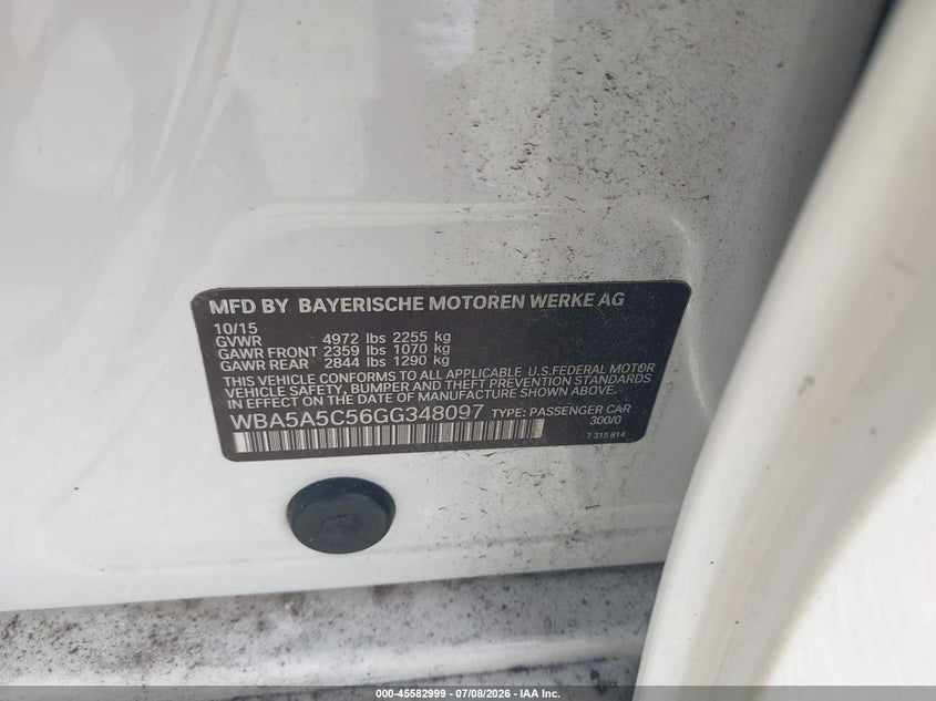 2016 BMW 5 series VIN WBA5A5C56GG348097 IAAI salvage auction — NORMAL WEAR, Clear (Florida), sold $575 on 2026-07-30 (photo 9)