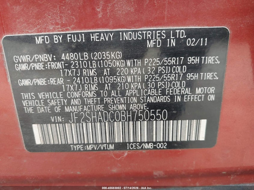 2011 Subaru Forester VIN JF2SHADC0BH750550 IAAI salvage auction — NORMAL WEAR, Original (Maine), sold $275 on 2026-07-30 (photo 9)