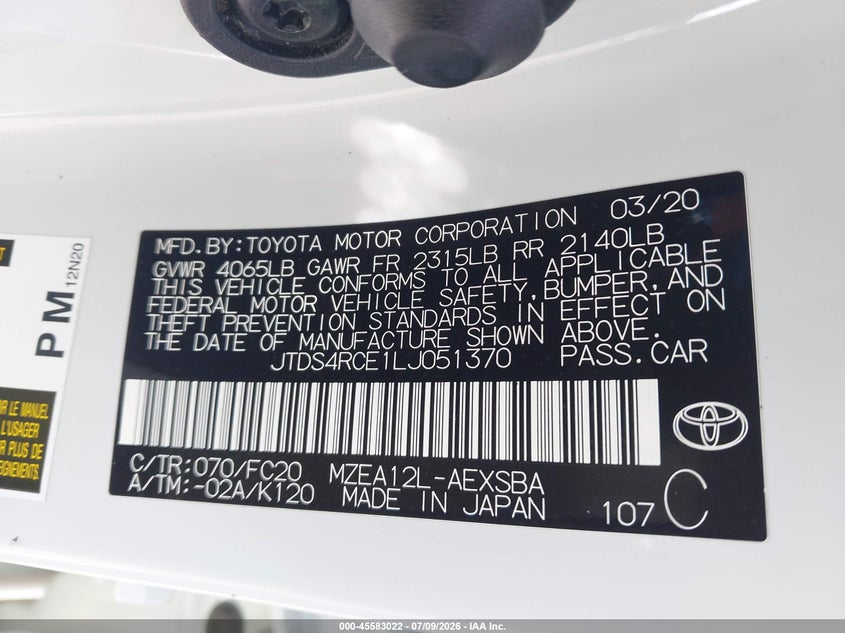 2020 Toyota Corolla VIN JTDS4RCE1LJ051370 IAAI salvage auction — HAIL, Salvage (Wisconsin), sold $5,700 on 2026-07-23 (photo 9)