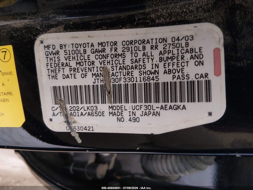 2003 Lexus Ls 430 VIN JTHBN30F330116845 IAAI salvage auction — REAR END, Salvage (Georgia), sold $475 on 2026-07-29 (photo 9)
