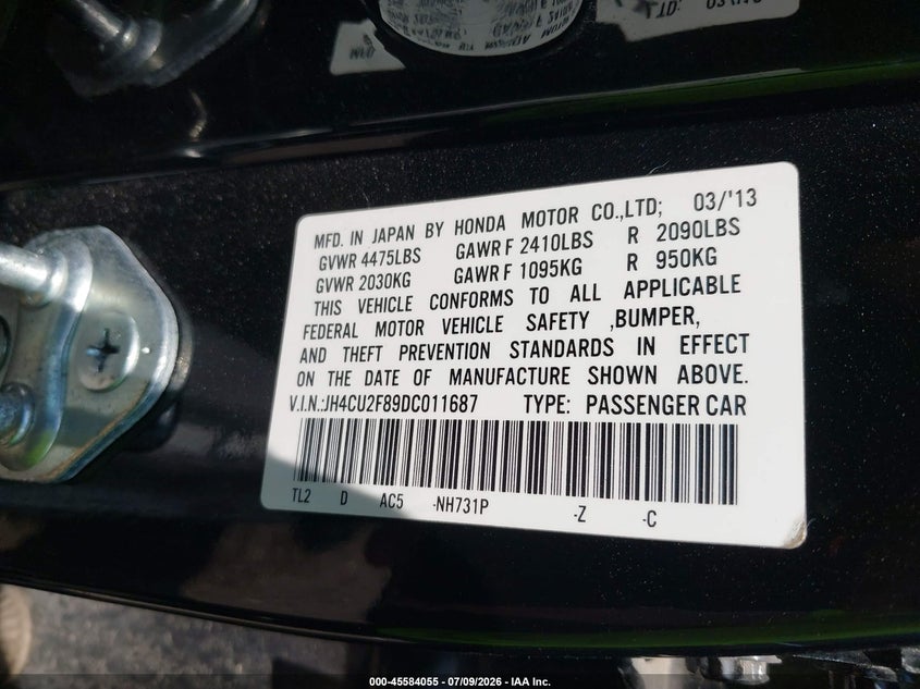 2013 Acura Tsx VIN JH4CU2F89DC011687 IAAI salvage auction — FRONT END, Salvage (Ohio), sold $1,200 on 2026-07-31 (photo 9)