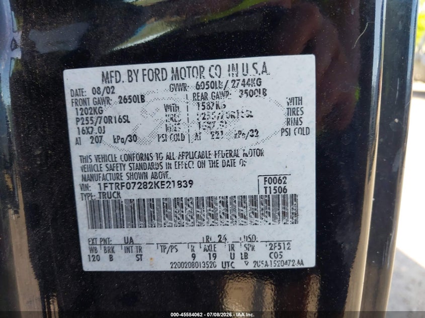 2002 Ford F-150 VIN 1FTRF07282KE21839 IAAI salvage auction — NORMAL WEAR, Clear (Florida), sold $925 on 2026-07-23 (photo 9)